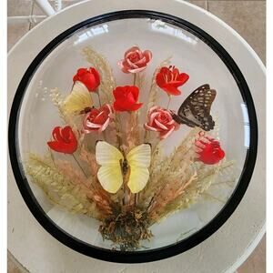 Covex Glass Butterfly & Silk Flower Taxidermy Terrarium 60s Wall Decor Round